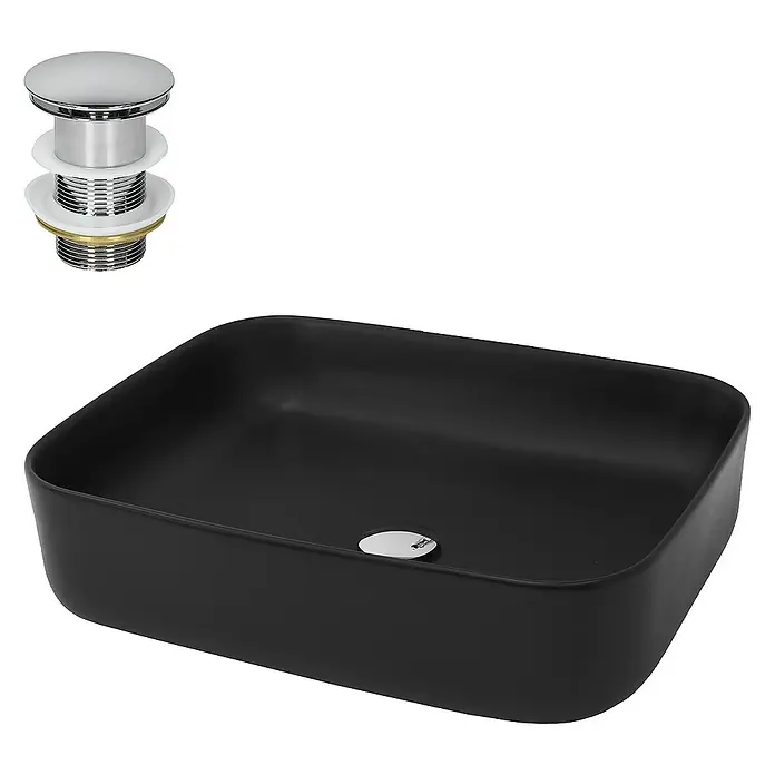 LuxeBath Aufsatzwaschbecken Waschtisch aus Keramik für Badezimmer / Gäste-WC - Ohne Spezialglasur, Schwarz, Silber - Schwarzes rechteckiges Waschbecken mit passendem Ablaufgarnitur für ein stilvolles Badezimmerdesign.