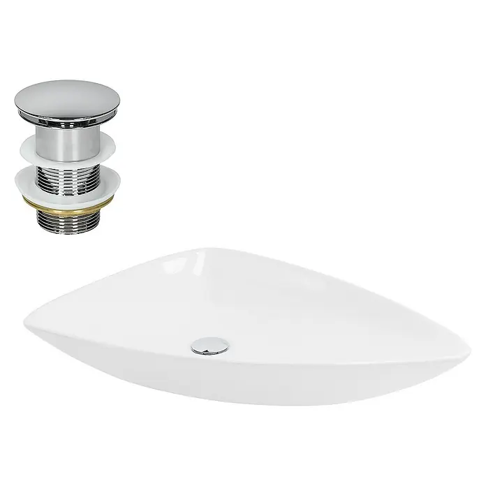 LuxeBath Aufsatzwaschbecken Handwaschbecken Weiß inkl. Ablaufgarnitur ohne Überlauf - Ohne Spezialglasur, Weiß, Silber - Das Bild zeigt ein modernes, weißes Aufsatzwaschbecken mit einem verchromten Ablaufventil, ideal für stilvolle Badezimmer.