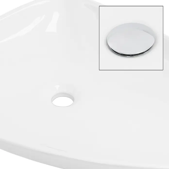 LuxeBath Aufsatzwaschbecken Handwaschbecken Weiß inkl. Ablaufgarnitur ohne Überlauf - Ohne Spezialglasur, Weiß, Silber - Nahaufnahme eines Waschbeckens mit Ablauf und optionalem Stopfen.