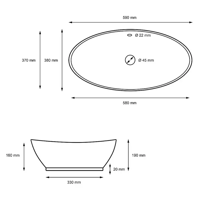 LuxeBath Aufsatzwaschbecken Waschtisch aus Keramik für Badezimmer / Gäste-WC - Ohne Spezialglasur, Schwarz - Technische Zeichnung eines Waschbeckens mit Maßangaben zu Durchmesser, Höhe und Breite in Millimetern.
