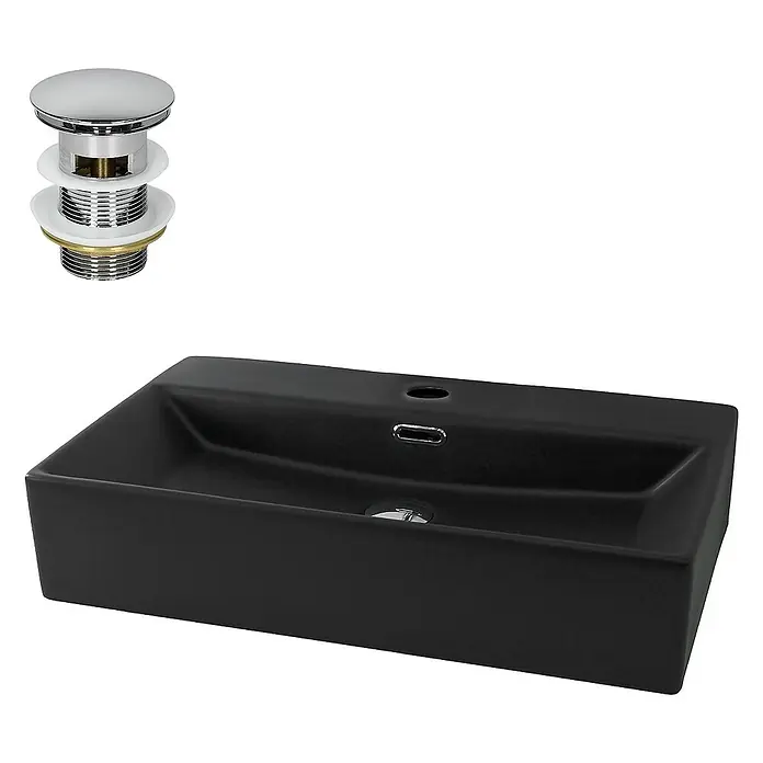 LuxeBath Aufsatzwaschbecken Handwaschbecken Schwarz inkl. Ablaufgarnitur mit Überlauf - Ohne Spezialglasur, Schwarz, Silber - Elegantes schwarzes Waschbecken mit Ablaufgarnitur für moderne Badezimmer. Das stilvolle Design verleiht jedem Bad eine luxuriöse Note.
