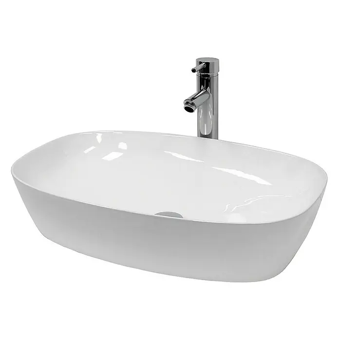 LuxeBath Aufsatzwaschbecken Waschschale Aufsatzwaschtisch Weiß inkl. Ablaufgarnitur ohne Überlauf - Ohne Spezialglasur, Weiß - Ein modernes, weißes Aufsatzwaschbecken mit einer glänzenden Chromarmatur. Das Waschbecken hat eine ovale Form mit abgerundeten Ecken.