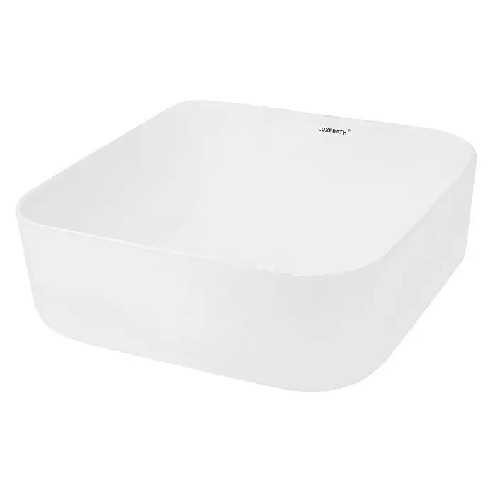 LuxeBath Aufsatzwaschbecken Aufsatzwaschtisch Weiß inkl. Ablaufgarnitur ohne Überlauf Waschschale - Ohne Spezialglasur, Weiß - Das Bild zeigt ein rechteckiges Waschbecken "LUXEBATH" in Weiß. Das moderne Design wird durch abgerundete Kanten und eine glänzende Oberfläche hervorgehoben.