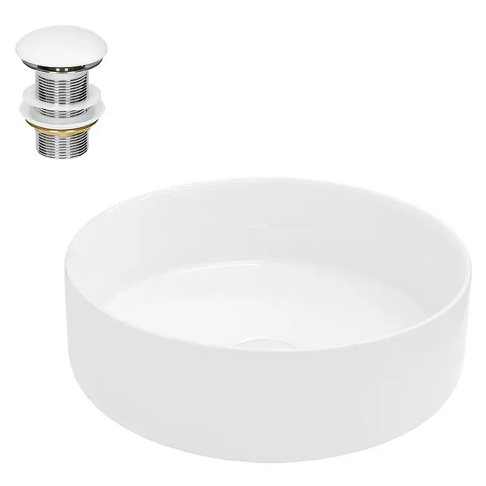 LuxeBath Aufsatzwaschbecken Aufsatzwaschtisch Handwaschbecken inkl. Ablaufgarnitur ohne Überlauf - Ohne Spezialglasur, Weiß - Abflussgarnitur und eine runde, weiße Aufsatzwaschbecken aus Keramik mit einem minimalistischen Design für moderne Badezimmer.