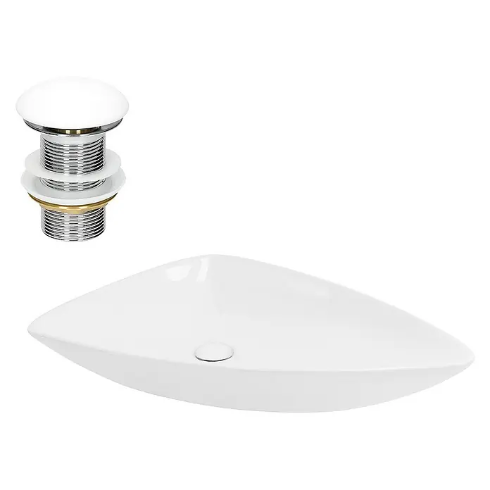 LuxeBath Aufsatzwaschbecken Waschtisch Aufsatzwaschbecken aus Keramik für Badezimmer / Gäste-WC - 46 x 69 cm, Ohne Spezialglasur, Weiß - Aufgesetztes Waschbecken mit Pop-up-Ablaufgarnitur, beides in schlichtem Weiß gehalten. Moderne Badgestaltung für Ihr Zuhause.