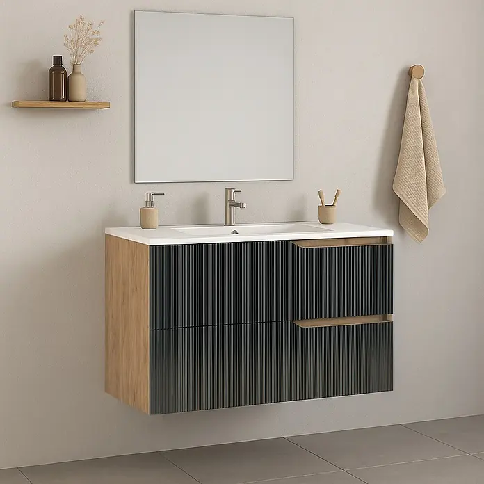 Futurbath Mueble de lavabo Marina - L x An x Al: 45 x 100 x 55 cm, Negro, Melamina - Mueble de baño con acabado de madera y cajones acanalados para un diseño de baño moderno y elegante.