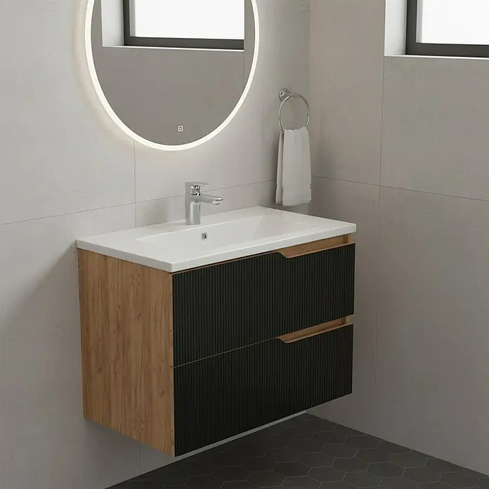 Futurbath Mueble de lavabo Marina - L x An x Al: 45 x 60 x 55 cm, Negro, Melamina - Moderno lavabo de baño con textura de madera y cajones negros bajo un espejo iluminado.