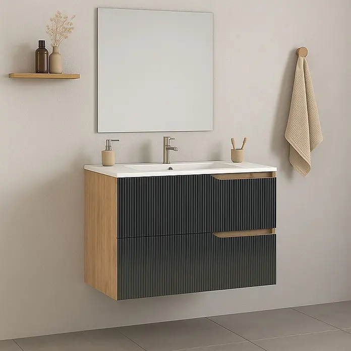 Futurbath Mueble de lavabo Marina - L x An x Al: 45 x 80 x 55 cm, Negro, Melamina - Elegante mueble de baño con aspecto de madera, cajones negros y un espejo moderno para un ambiente de baño sofisticado.