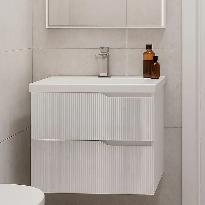 Futurbath Mueble de lavabo Marina - L x An x Al: 45 x 60 x 55 cm, Blanco, Melamina - Mueble de baño con dos cajones y grifo. Perfecto para cualquier baño moderno.
