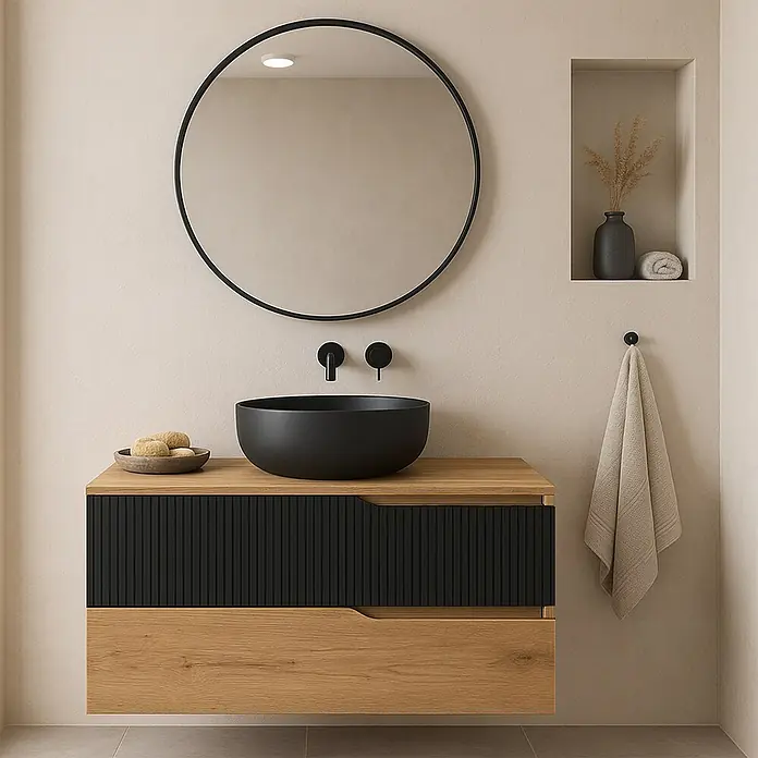 Futurbath Mueble de lavabo Marina - L x An x Al: 45 x 60 x 55 cm, Roble/Negro, Melamina - Moderno mueble de baño con espejo redondo y elegante armario. Accesorios negros y un estante complementan el diseño.