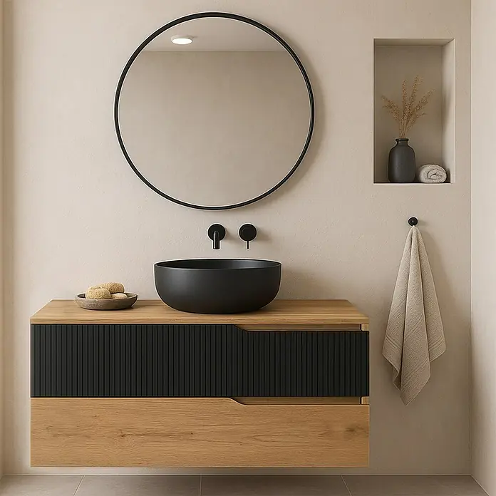 Futurbath Mueble de lavabo Marina - L x An x Al: 45 x 100 x 55 cm, Roble/Negro, Melamina - Tocador de baño moderno con espejo redondo, lavabo sobre encimera negro y mueble con madera y frente de listones.