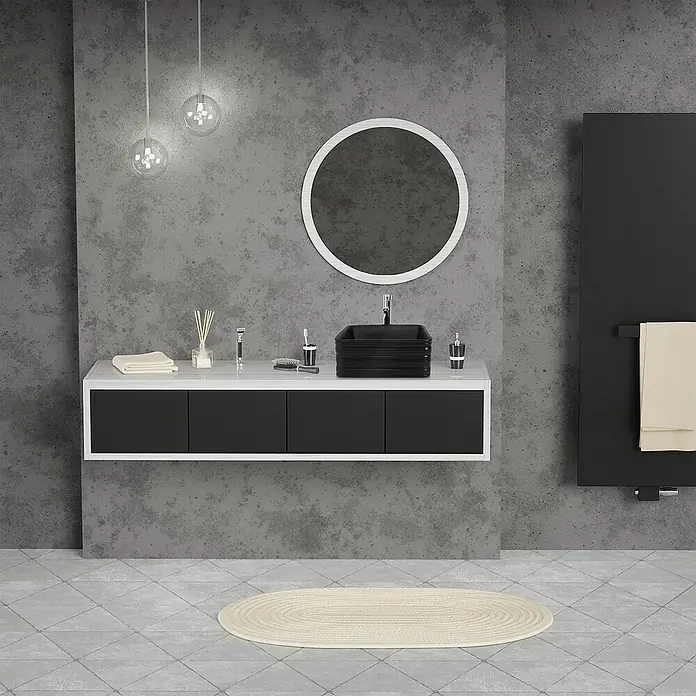 LuxeBath Aufsatzwaschbecken Waschtisch aus Keramik für Badezimmer / Gäste-WC - Ohne Spezialglasur, Schwarz - Ein modernes Badezimmer mit einem Waschtisch in Schwarz und Weiß, einem runden Spiegel und stilvollen Pendelleuchten.