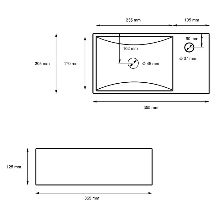 LuxeBath Aufsatzwaschbecken Handwaschbecken 35,5x20,5x12,5 cm Schwarz Ablaufgarnitur Schwarz - Ohne Spezialglasur, Schwarz - Abbildung eines Waschbeckens mit den Maßen 355 mm Breite und 125 mm Höhe, sowie detaillierte Angaben zu Abfluss und Hahnloch.