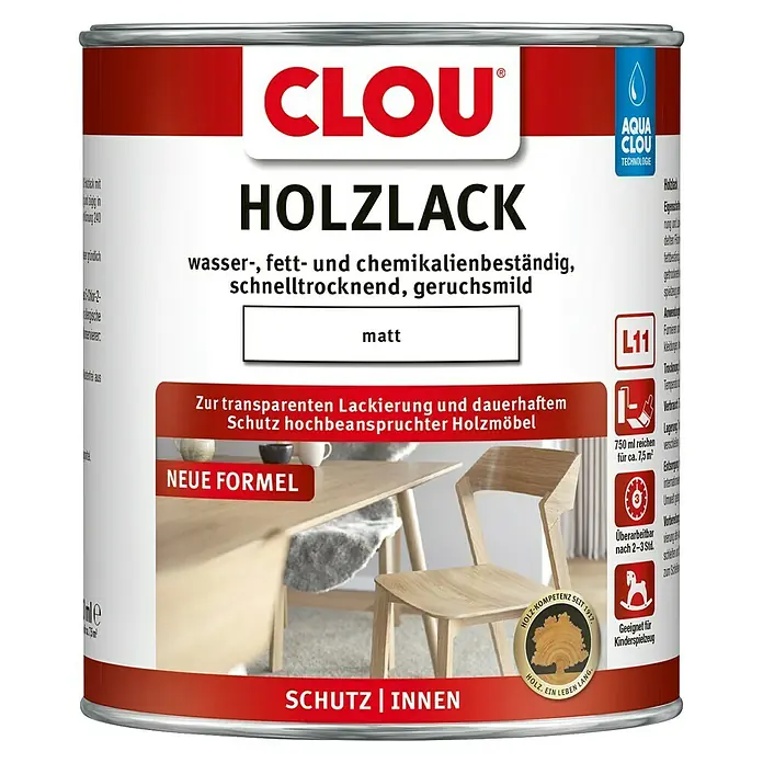 Clou Aqua Holzlack L11 - Farblos, Matt, 750 ml - Dose CLOU Holzlack, ein farbloser Holzlack für den Innenbereich. Geeignet für Kinderspielzeug, schützt Holzoberflächen.