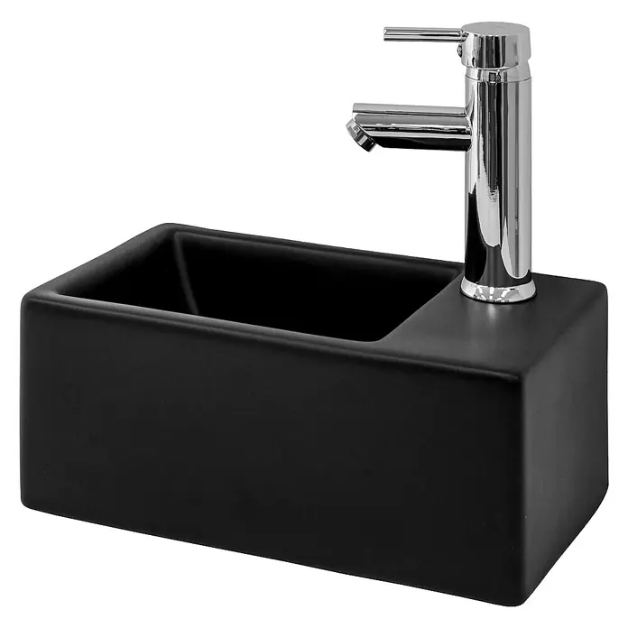 LuxeBath Aufsatzwaschbecken Handwaschbecken 35,5x20,5x12,5 cm Schwarz Ablaufgarnitur Schwarz - Ohne Spezialglasur, Schwarz - Schwarzes Waschbecken mit einem modernen Chromhahn für ein elegantes Badezimmerdesign.
