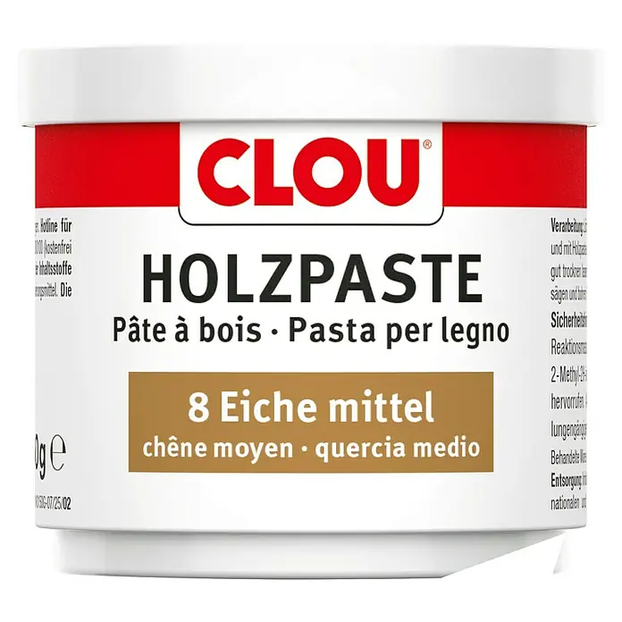 Clou Holzpaste - Eiche mittel, 150 g - Dose Clou Holzpaste, eine Holzreparaturmasse in Eiche mittel, ideal zum Ausbessern von Holzoberflächen.