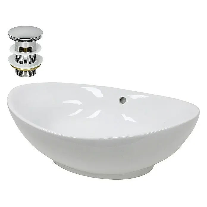 LuxeBath Aufsatzwaschbecken Waschschale Aufsatzwaschtisch Weiß inkl. Ablaufgarnitur mit Überlauf - Ohne Spezialglasur, Weiß, Silber - Weißes Aufsatzwaschbecken mit Ablaufgarnitur für ein modernes Badezimmerdesign. Elegantes Waschbecken mit Chrom-Ablauf.