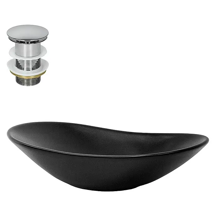 LuxeBath Aufsatzwaschbecken Oval 63x36x15,5 cm Schwarz Ablaufgarnitur Chrom - Ohne Spezialglasur, Schwarz - Stylisches Waschbecken-Set in Schwarz mit einem glänzenden Pop-Up-Ablaufventil für ein modernes Badezimmerdesign.