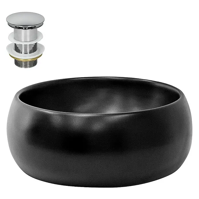 LuxeBath Aufsatzwaschbecken Handwaschbecken Schwarz inkl. Ablaufgarnitur ohne Überlauf - Ohne Spezialglasur, Schwarz, Silber - Schwarzes Waschbecken mit Ablaufgarnitur. Modernes Design für das Badezimmer oder Gäste-WC.