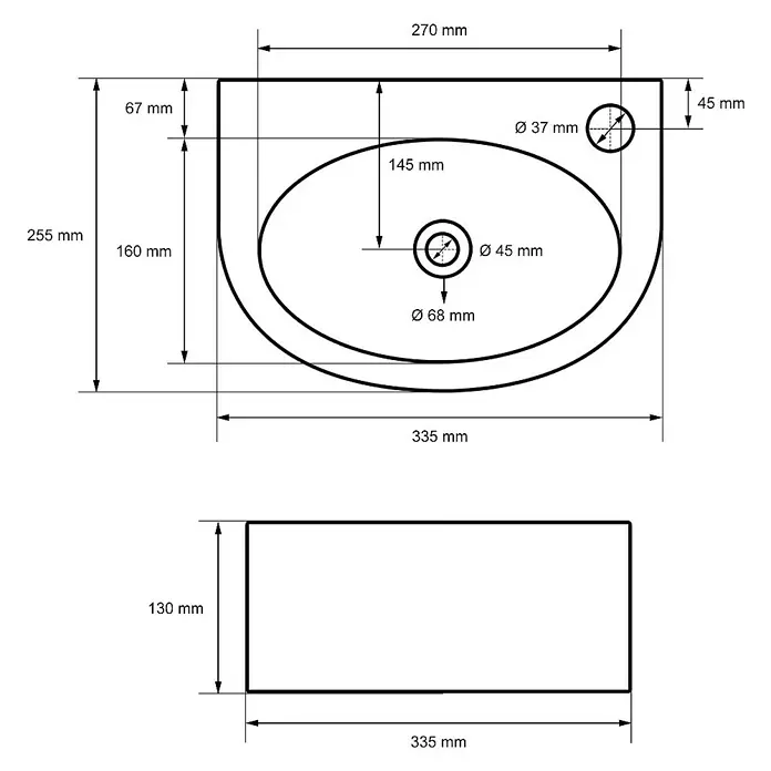 LuxeBath Aufsatzwaschbecken Waschschale Oval Weiß Spülbecken Aufsatzwaschtisch - 25,5 x 33,5 cm, Ohne Spezialglasur, Weiß - Abbildung eines Waschbeckens mit den dazugehörigen Maßen und Details für die Installation im Badezimmer.