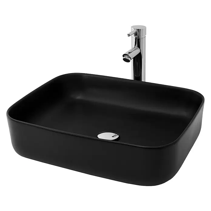 LuxeBath Aufsatzwaschbecken Waschtisch aus Keramik für Badezimmer / Gäste-WC - Ohne Spezialglasur, Schwarz - Schwarzes Aufsatzwaschbecken mit stilvollem Chromhahn, ideal für moderne Badezimmer. Elegantes Design für ein ansprechendes Ambiente.