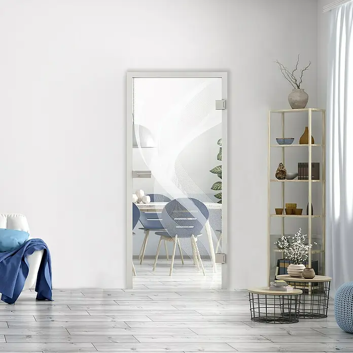 Diamond Doors Glasdrehtür 636 - 959 x 1.972 mm, DIN Anschlag: Rechts, Klarglas - Eine elegante Glastür mit modernem Design fügt sich nahtlos in ein helles, stilvolles Interieur ein und erhellt das Zimmer.