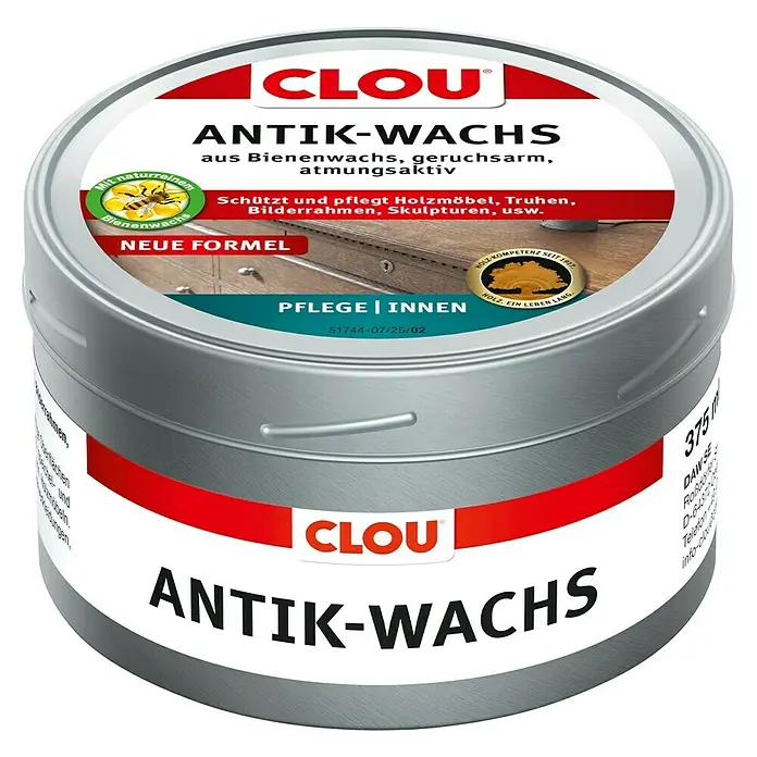 Clou Antikwachs - 375 ml, Farblos - Dose Clou Antik-Wachs. Schützt und pflegt Holzmöbel, Truhen, Bilderrahmen und Skulpturen. Mit Bienenwachs, geruchsarm und atmungsaktiv.