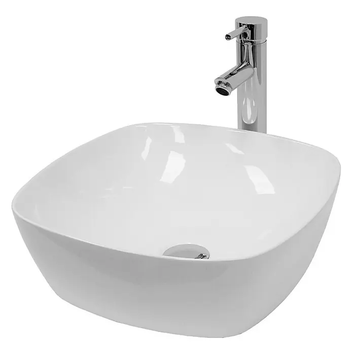 LuxeBath Aufsatzwaschbecken Aufsatzwaschbecken aus Keramik Handwaschbecken Wasserfall Waschtisch - 40,5 x 40,5 cm, Ohne Spezialglasur, Weiß - Das Bild zeigt ein modernes, weißes Aufsatzwaschbecken mit einer glänzenden Chromarmatur. Das Becken hat eine sanfte, quadratische Form.