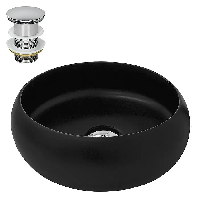 LuxeBath Aufsatzwaschbecken Waschtisch aus Keramik für Badezimmer / Gäste-WC - Ohne Spezialglasur, Schwarz, Silber - Elegantes, matt-schwarzes Waschbecken mit einem glänzenden Chrom-Ablaufventil. Ein Blickfang für jedes moderne Badezimmer.