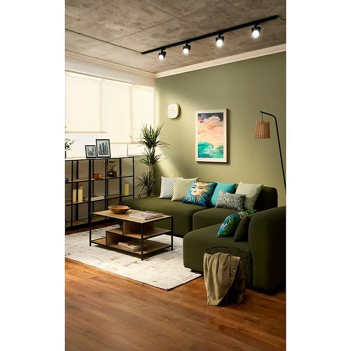 Alfombra de pelo corto Relato - Multicolor, 230 x 160 cm, 100% Poliéster - Salón con sofá verde oliva, alfombra, mesa de centro y estantería negra. Iluminación y decoración moderna crean un ambiente acogedor.