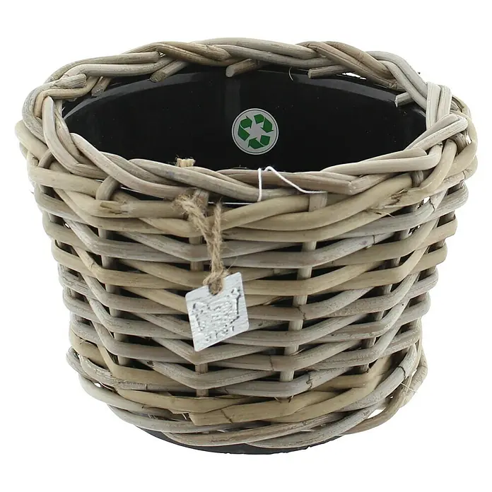 Van der Leeden Drypot Pflanzkübel rund Split - Ø x H: 24 x 18 cm, Rattan, Grau - Ein gewebter Pflanztopf aus Rattan, ideal für Zimmerpflanzen und zur Dekoration des Innenraums.