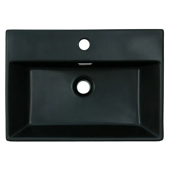 LuxeBath Aufsatzwaschbecken Waschtisch aus Keramik für Badezimmer / Gäste-WC - Ohne Spezialglasur, Schwarz - Schwarzes rechteckiges Waschbecken mit Hahnloch und Überlauf. Ideal für moderne Badezimmer.