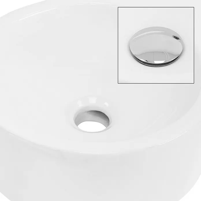 LuxeBath Aufsatzwaschbecken Eckwaschbecken Rund 45x36x13 cm Weiß Ablaufgarnitur Chrom Überlauf - Ohne Spezialglasur, Weiß, Silber - Nahaufnahme eines weißen Waschbeckens mit Ablauf und Überlauf, das modernes Design und Funktionalität vereint.