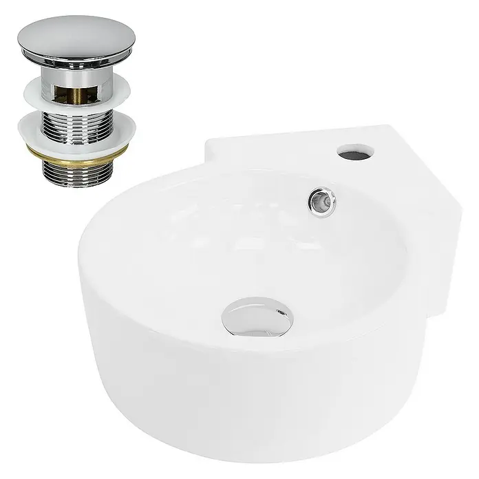 LuxeBath Aufsatzwaschbecken Eckwaschbecken Rund 45x36x13 cm Weiß Ablaufgarnitur Chrom Überlauf - Ohne Spezialglasur, Weiß, Silber - Ein weißes Waschbecken mit Eckmontage und einem verchromten Ablaufventil, ideal für kleine Badezimmer.