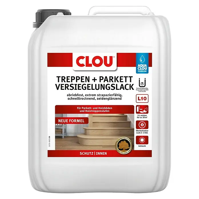 Clou Aqua Versiegelung L10 Treppen- und Parkettlack - Farblos, Seidenglänzend, 5 l, Wasserbasiert - Bild eines 5-Liter-Kanisters CLOU Treppen + Parkett Versiegelungslack, ideal für strapazierfähige, schnelltrocknende und seidenglänzende Oberflächen.