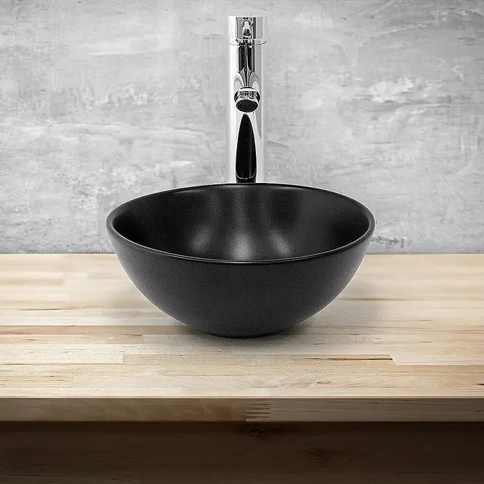 LuxeBath Aufsatzwaschbecken Aufsatzwaschtisch Handwaschbecken Rund Spülbecken - 28 x 28 cm, Ohne Spezialglasur, Schwarz - Schwarzes Aufsatzwaschbecken aus Keramik mit glänzender Chromarmatur für ein elegantes Badezimmerdesign.