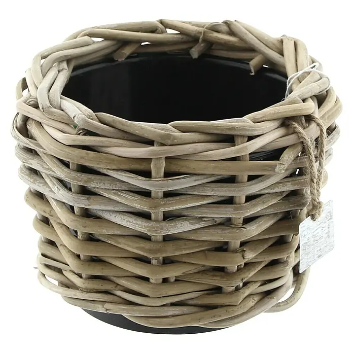 Van der Leeden Drypot Pflanzkübel rund Split - Ø x H: 17 x 14 cm, Rattan, Grau - Rustikaler Weidenkorb für Pflanzen oder als dekoratives Aufbewahrungselement. Natürliche Optik mit sichtbarer Flechtstruktur und praktischem Anhänger.