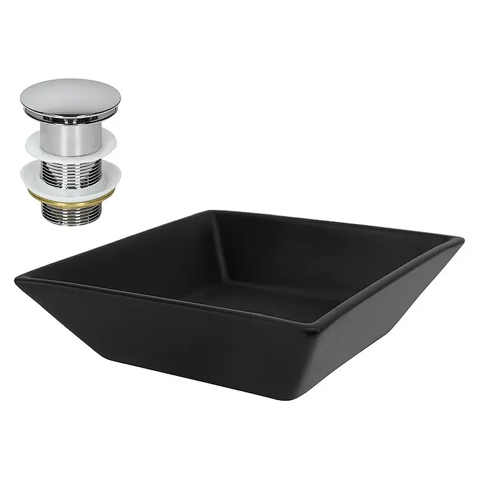 LuxeBath Aufsatzwaschbecken Handwaschbecken Schwarz inkl. Ablaufgarnitur ohne Überlauf - Ohne Spezialglasur, Schwarz, Silber - Modernes, eckiges, schwarzes Aufsatzwaschbecken mit glänzender Chrom-Ablaufgarnitur für ein stilvolles Badezimmerdesign.