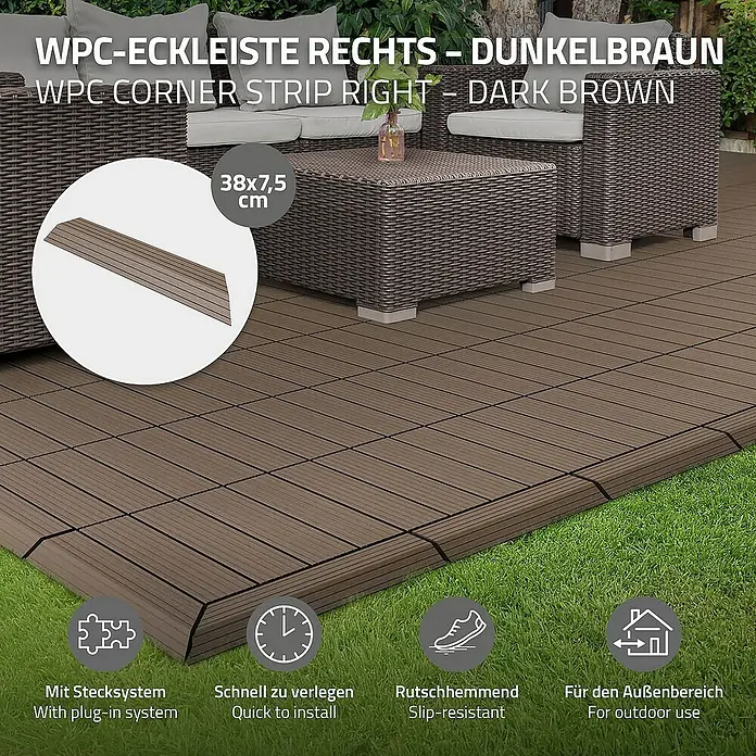 ML-Design Terrassenfliese - 7,5 cm x 38 cm x 20 mm, Dunkelbraun - Bild einer WPC-Eckleiste in Dunkelbraun, ideal für den Außenbereich. Die Leiste ist rutschfest und einfach zu montieren, mit einem praktischen Stecksystem.