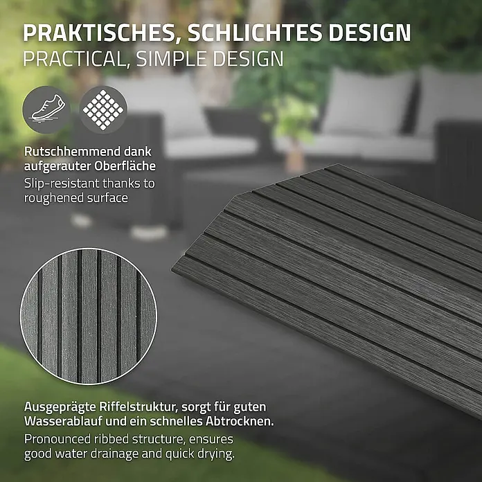 ML-Design Terrassenfliese - 7,5 cm x 38 cm x 20 mm, Anthrazit - Praktisches Terrassenelement mit geriffeltem Design für Wasserablauf und Rutschfestigkeit.