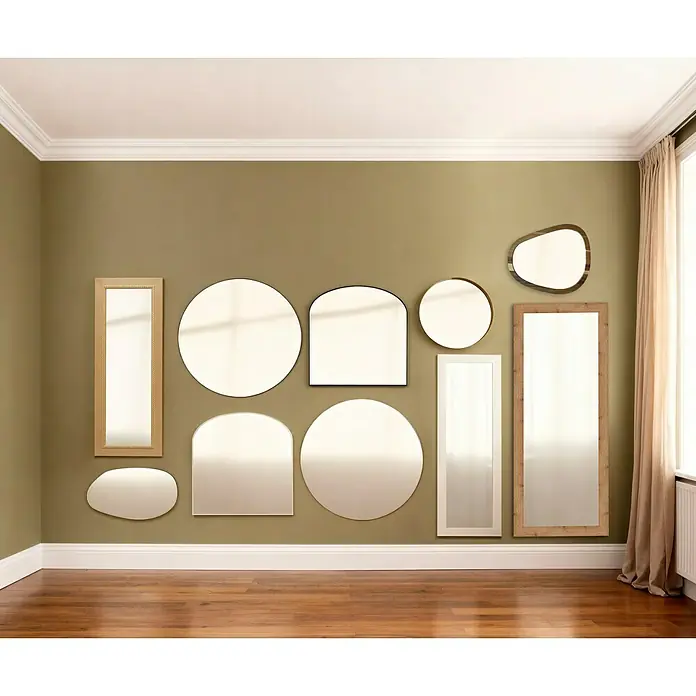 Espejo de pared Alina Baby - 80 x 85 cm, Blanco - Una variedad de espejos de diferentes formas y tamaños crea una pared de acento elegante en la habitación, reflejando la luz.