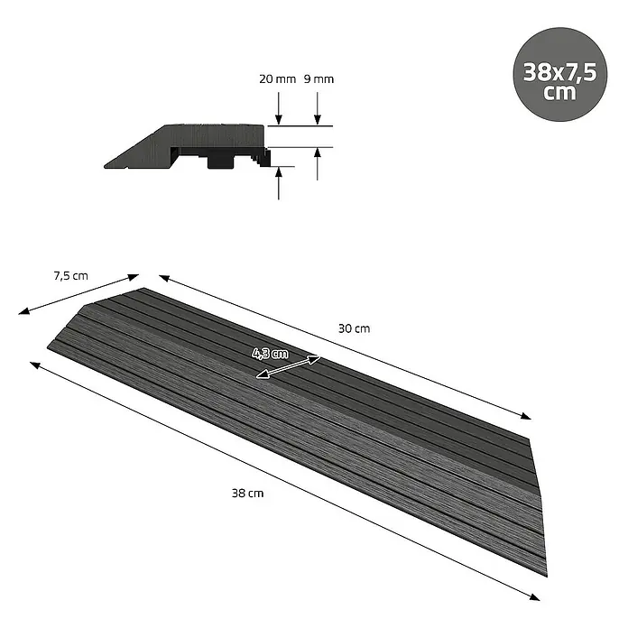ML-Design Terrassenfliese - 7,5 cm x 38 cm x 20 mm, Anthrazit - Bild einer 38x7,5 cm großen, anthrazitfarbenen Übergangsleiste mit den Maßen 20 mm und 9 mm für den Innenbereich.