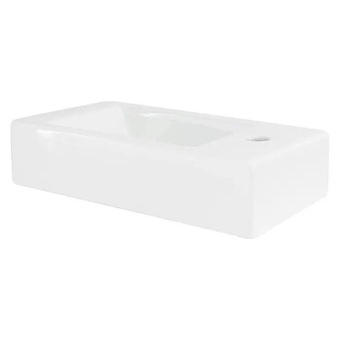 LuxeBath Aufsatzwaschbecken Waschtisch aus Keramik für Badezimmer / Gäste-WC - 26 x 46 cm, Ohne Spezialglasur, Weiß - Nahaufnahme eines modernen, rechteckigen, weißen Aufsatzwaschbeckens, das ein elegantes Design und eine glänzende Oberfläche aufweist.