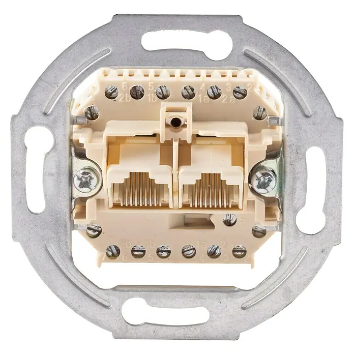 UAE-Dosen-Einsatz CAT 3-UAE 2x8 - Unterputzmontage - Nahaufnahme einer Doppel-RJ45-Netzwerkdose mit Metallrahmen und Klemmen für Kabelverbindungen. Ideal für strukturierte Verkabelung im Heim- und Bürobereich.