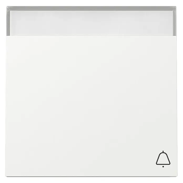 Gira Standard 55 Universalwippe mit Klingel-Symbol und Beschriftungsfeld 367303 - Reinweiß glänzend, Glänzend, Kunststoff, Unterputzmontage - Nahaufnahme einer weißen Türklingel mit schlichtem Design und einem dezenten Klingelsymbol in der unteren rechten Ecke.