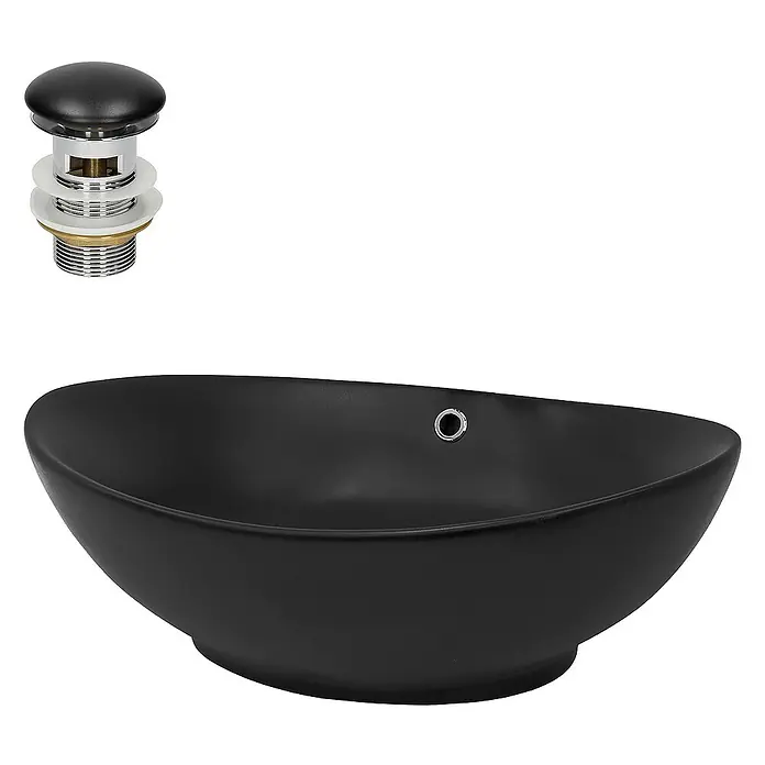 LuxeBath Aufsatzwaschbecken Handwaschbecken Schwarz inkl. Ablaufgarnitur mit Überlauf - Ohne Spezialglasur, Schwarz - Schwarzes Aufsatzwaschbecken mit Ablaufgarnitur für stilvolle Badezimmer.