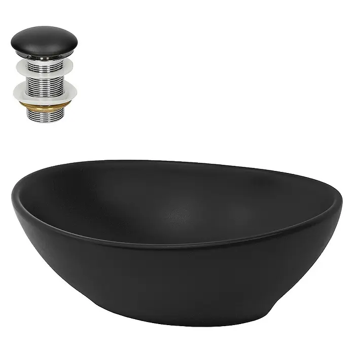 LuxeBath Aufsatzwaschbecken Handwaschbecken Schwarz inkl. Ablaufgarnitur mit Überlauf - Ohne Spezialglasur, Schwarz - Schwarzes ovales Waschbecken mit einem schwarzen Pop-up-Ablaufventil für moderne Badezimmer und Waschräume.