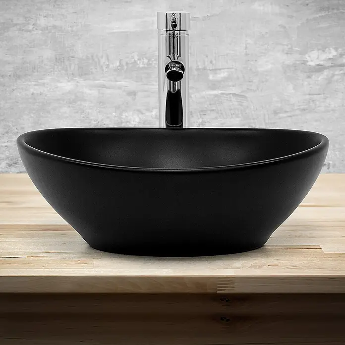 LuxeBath Aufsatzwaschbecken Handwaschbecken Schwarz inkl. Ablaufgarnitur mit Überlauf - Ohne Spezialglasur, Schwarz - Elegantes, matt-schwarzes Aufsatzwaschbecken mit schlanker Armatur, perfekt für ein modernes Bad. Stilvolles Design für Ihr Badezimmer.