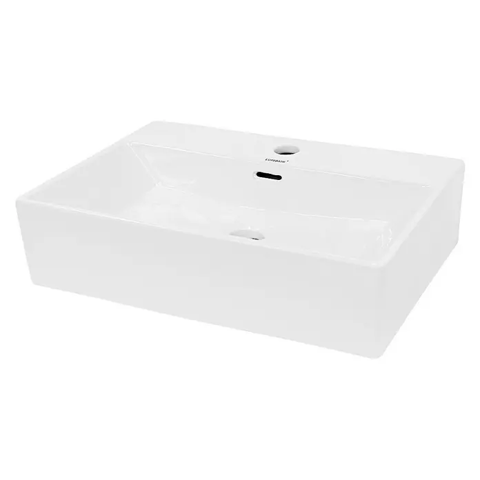 LuxeBath Aufsatzwaschbecken Aufsatzwaschtisch Waschschale Eckig Weiß Spülbecken - Ohne Spezialglasur, Weiß - Nahaufnahme eines rechteckigen, weißen Waschbeckens mit glänzender Oberfläche und drei Löchern für Armatur und Abfluss.