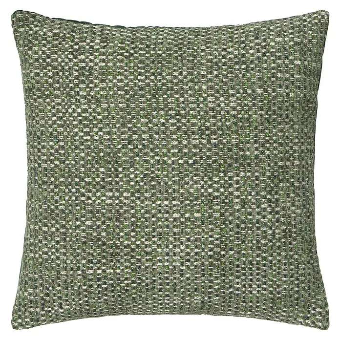 Cojín Tweed - 45 x 45 cm, Textil, Verde, Cuadrado - Primer plano de un cojín decorativo con un intrincado patrón tejido en verde y beige. El cojín agrega calidez y estilo a cualquier habitación.